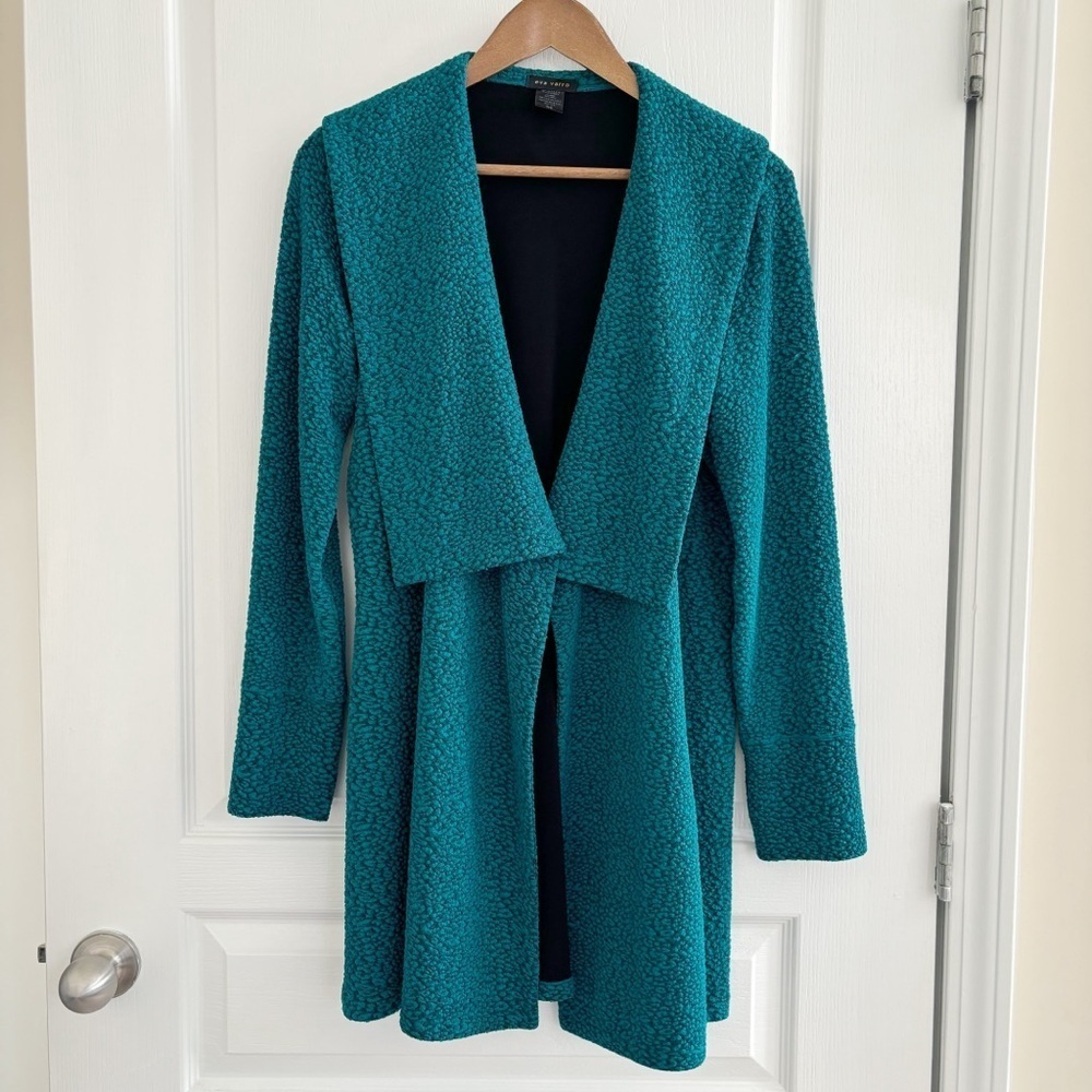 Eva Varro Teal Textured Wrap Collar Belted Coat Jacket Medium